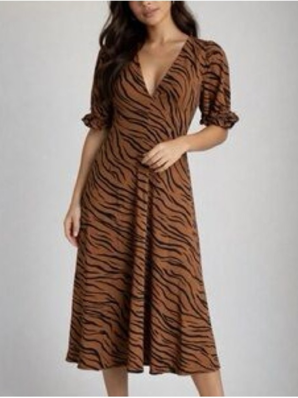 Faithful the brand Brown Tiger-Print Midi Dress with Puff Sleeves